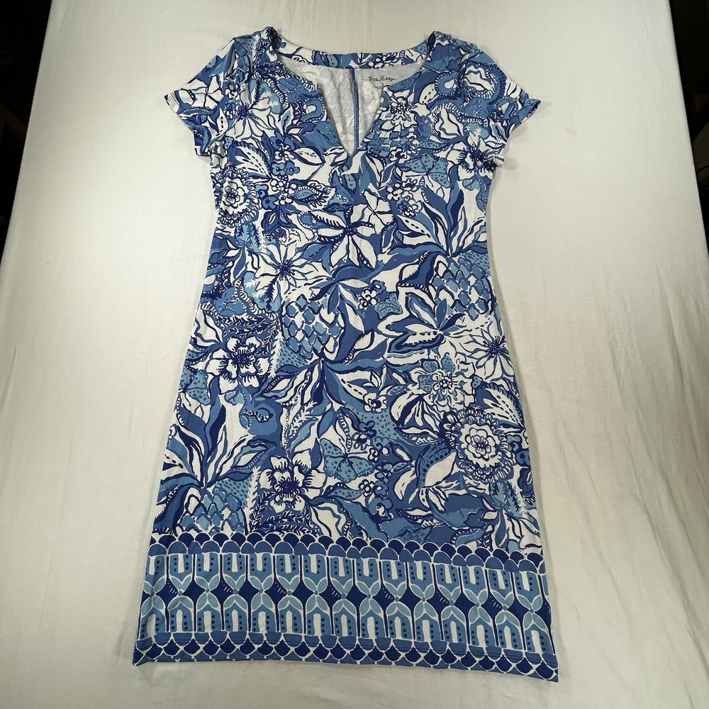 Lilly Pulitzer Dress Womens S Blue Tropical Floral Shift V Neck Jersey Knit